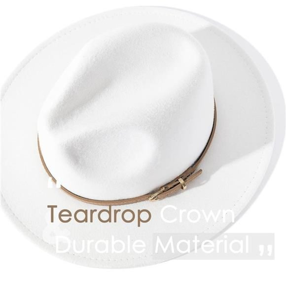 Women Elegant & White Classic Felt Fedora Wide Brim Hat with Belt Buckle main image 5